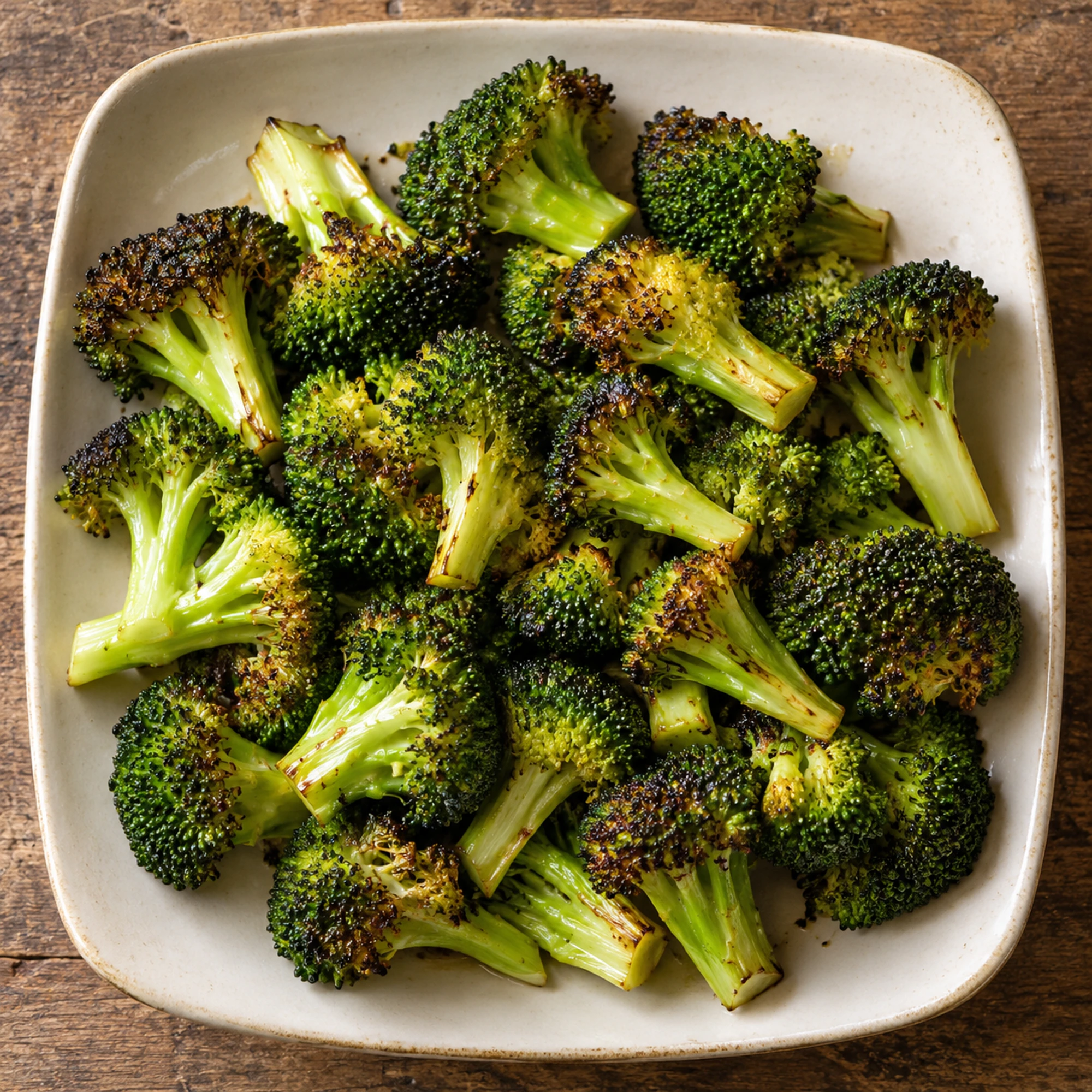 Roasted broccoli on a cream plate viewed from above