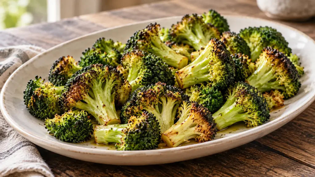 Roasted broccoli with crisp browned tips on a serving platter
