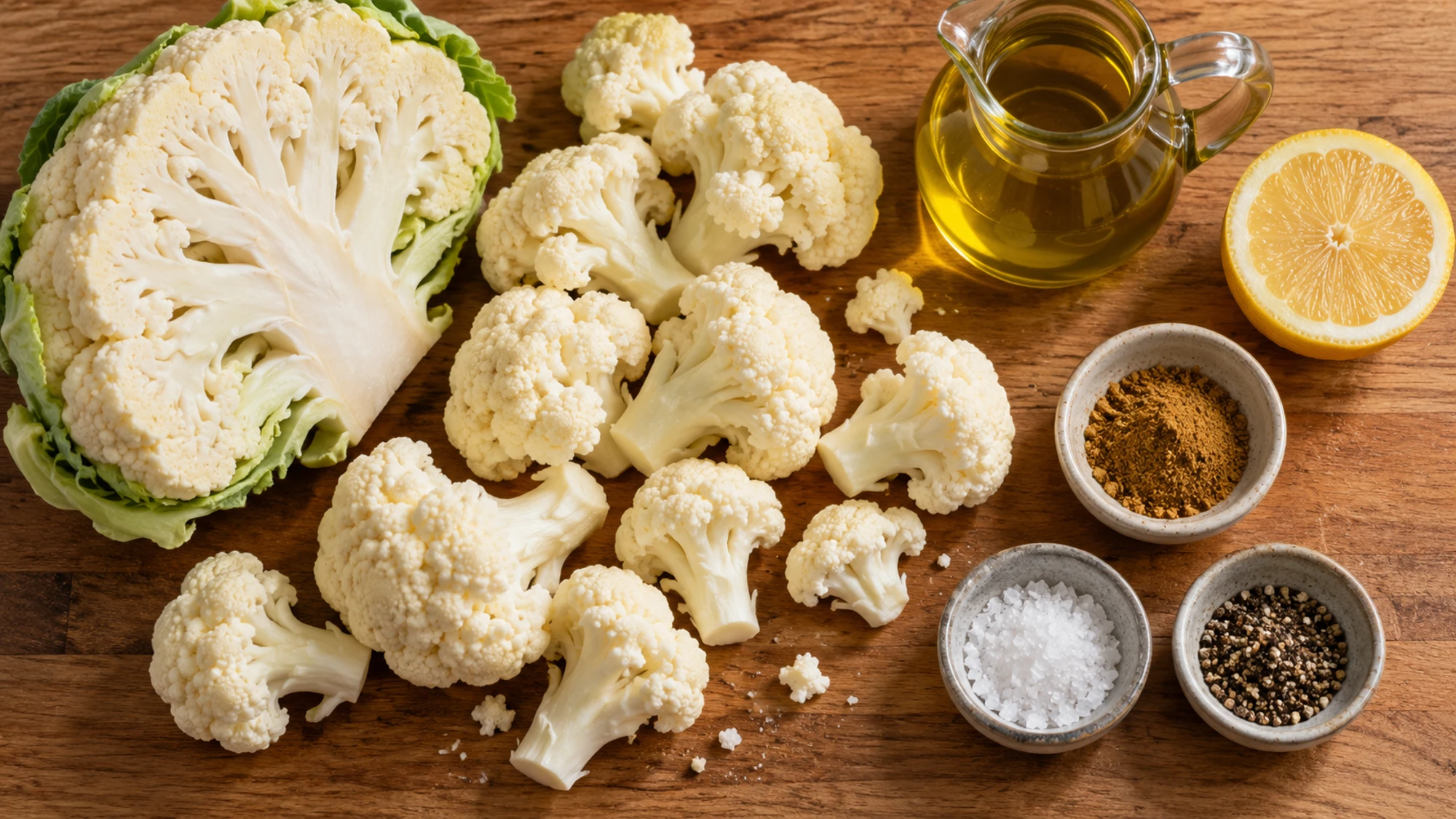 Raw cauliflower olive oil cumin lemon salt and pepper for roasted cauliflower