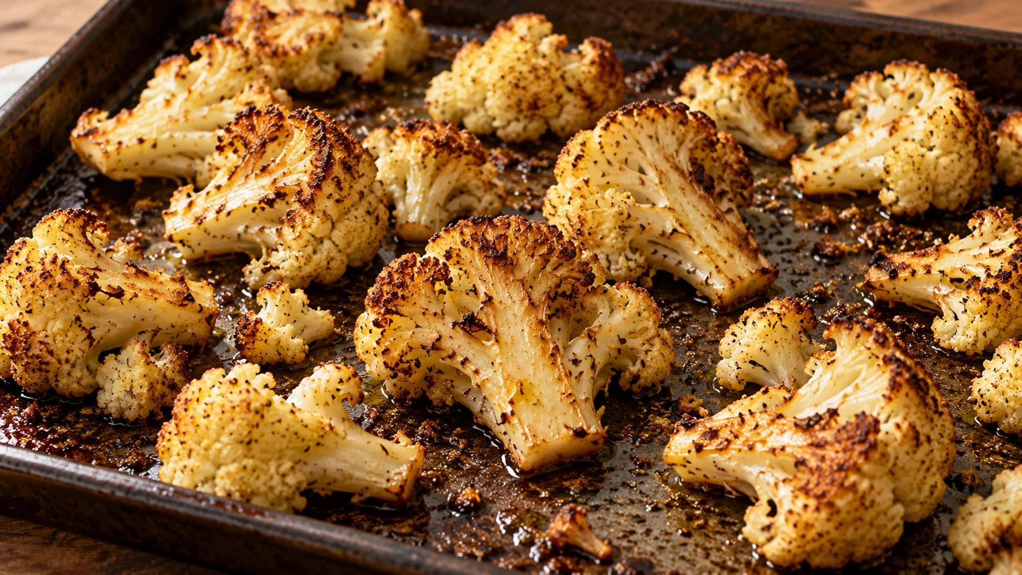 Roasted cauliflower florets with browned flat sides on a sheet pan