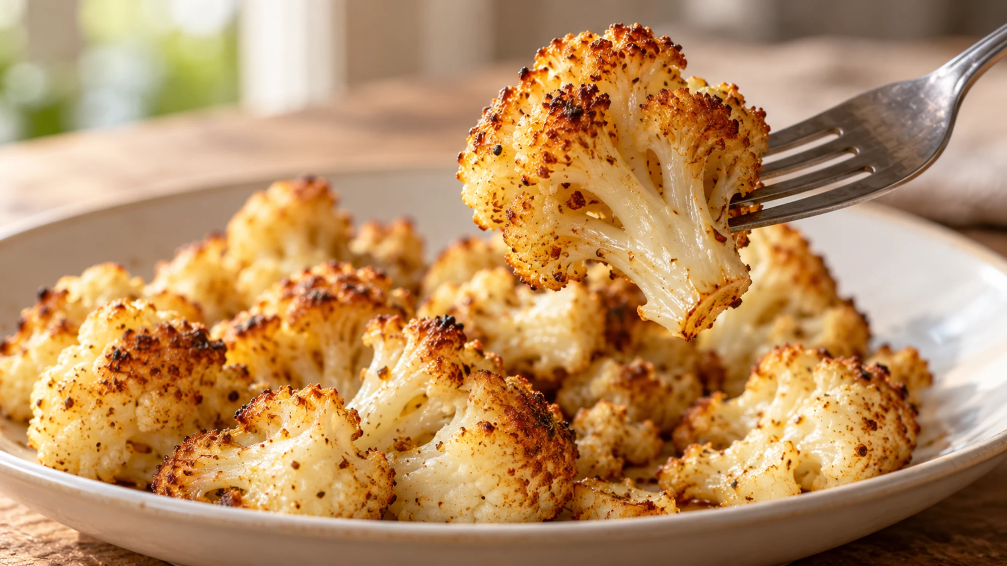 Fork lifting a roasted cauliflower floret with a tender stem