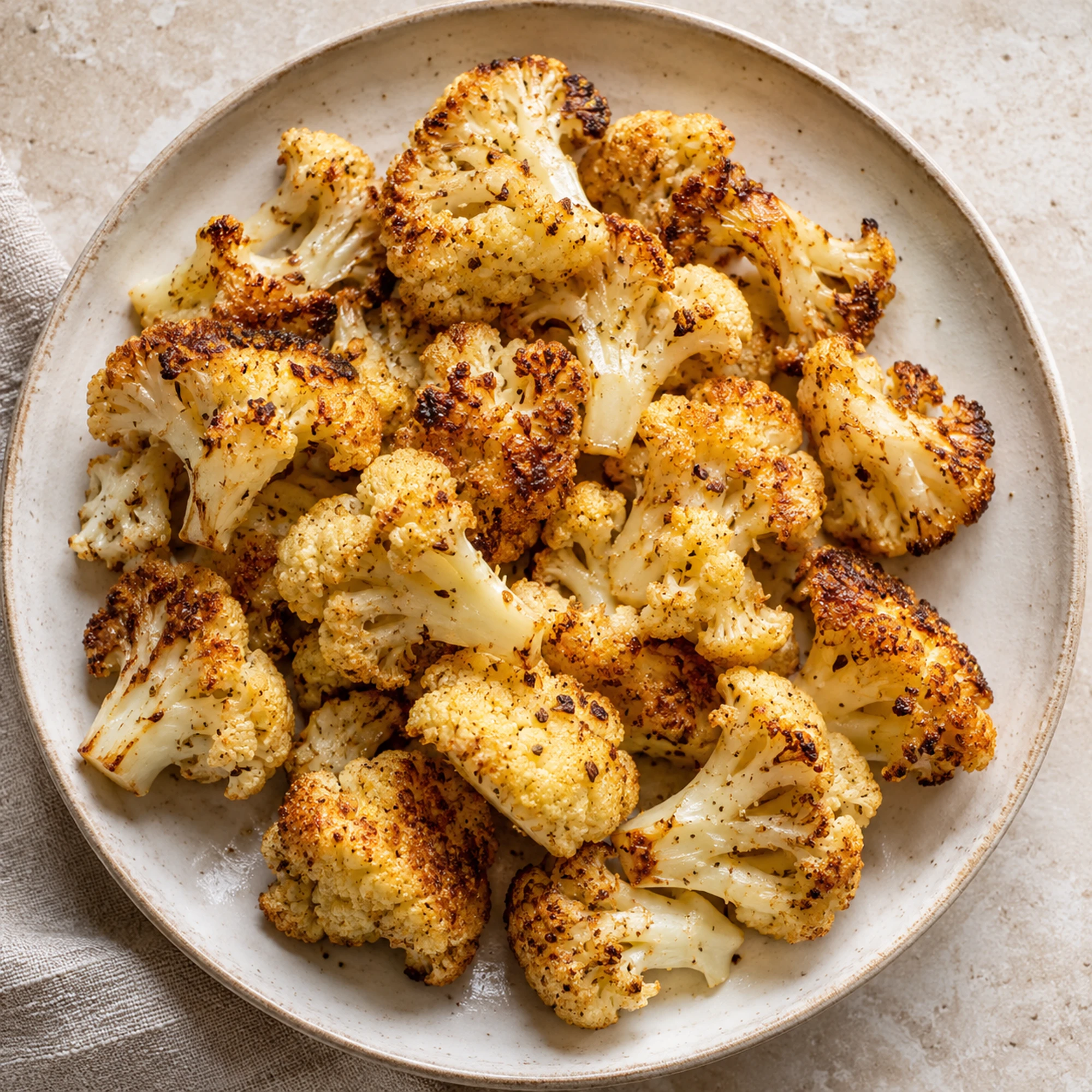 Roasted cauliflower with cumin on a round plate viewed from above