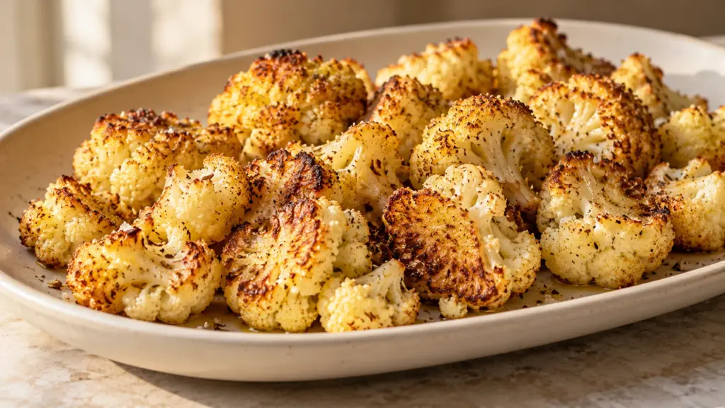 Roasted cauliflower with golden cut surfaces on a cream platter