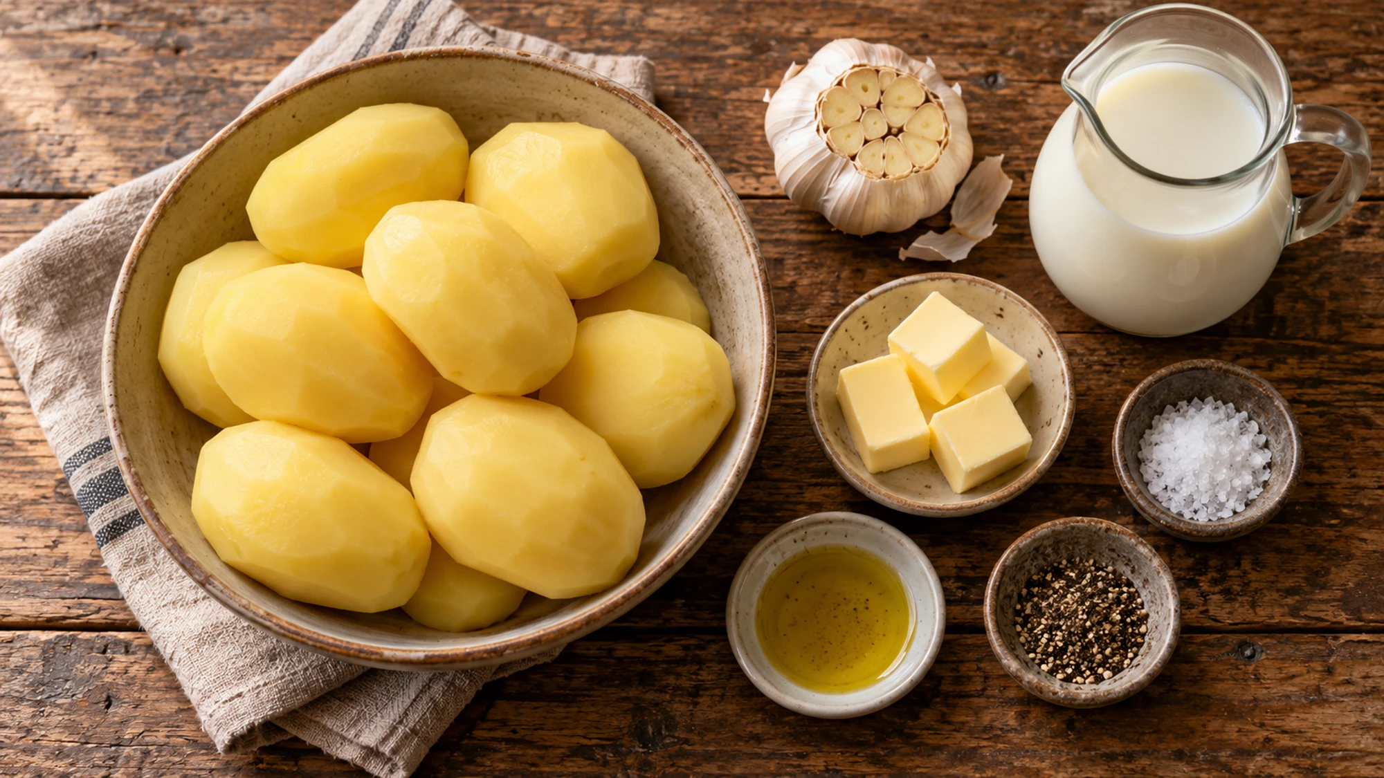 Ingredients for roasted garlic mashed potatoes arranged on a kitchen counter