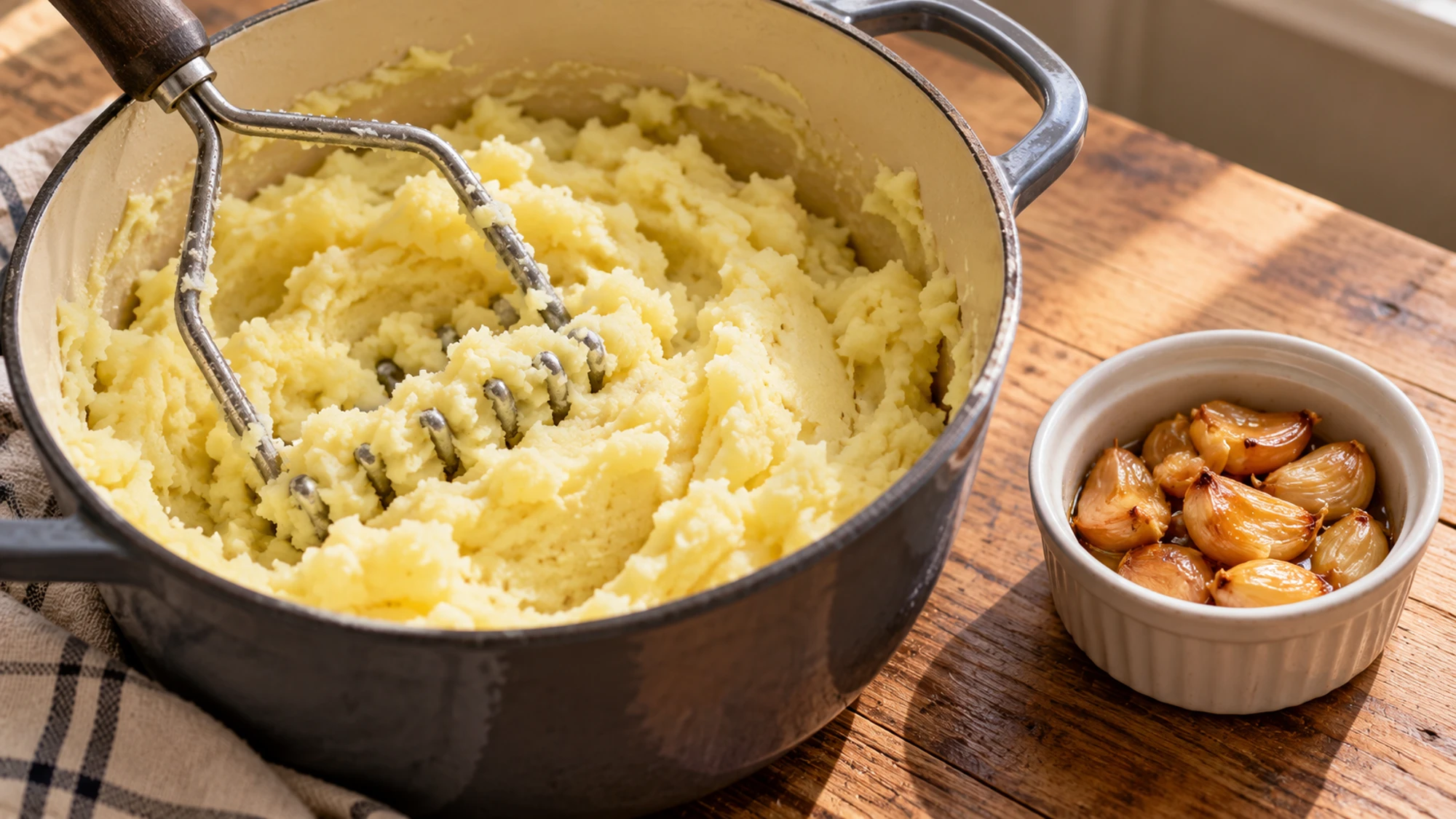 Roasted garlic mashed potatoes being gently worked with a potato masher