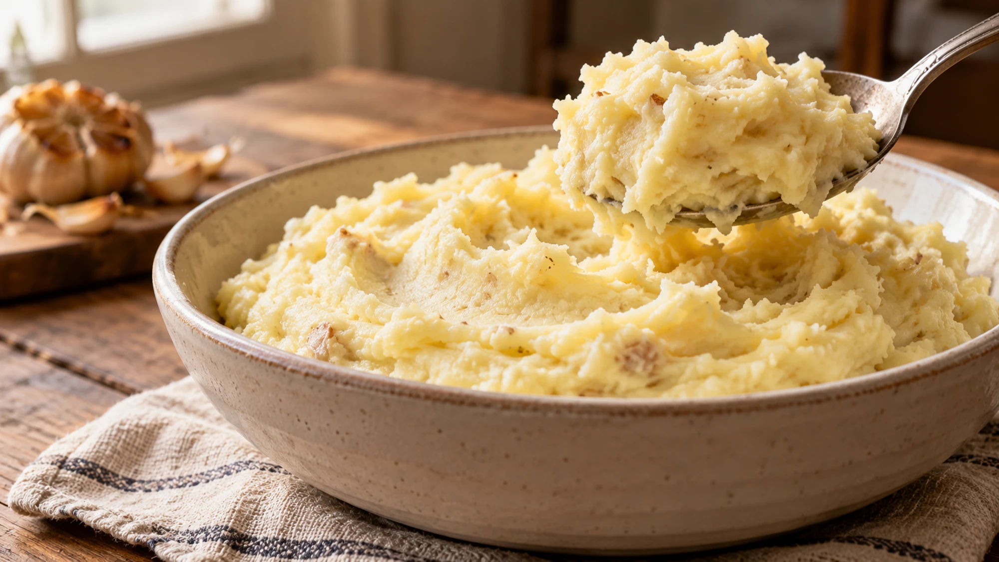 Spoon lifting creamy roasted garlic mashed potatoes