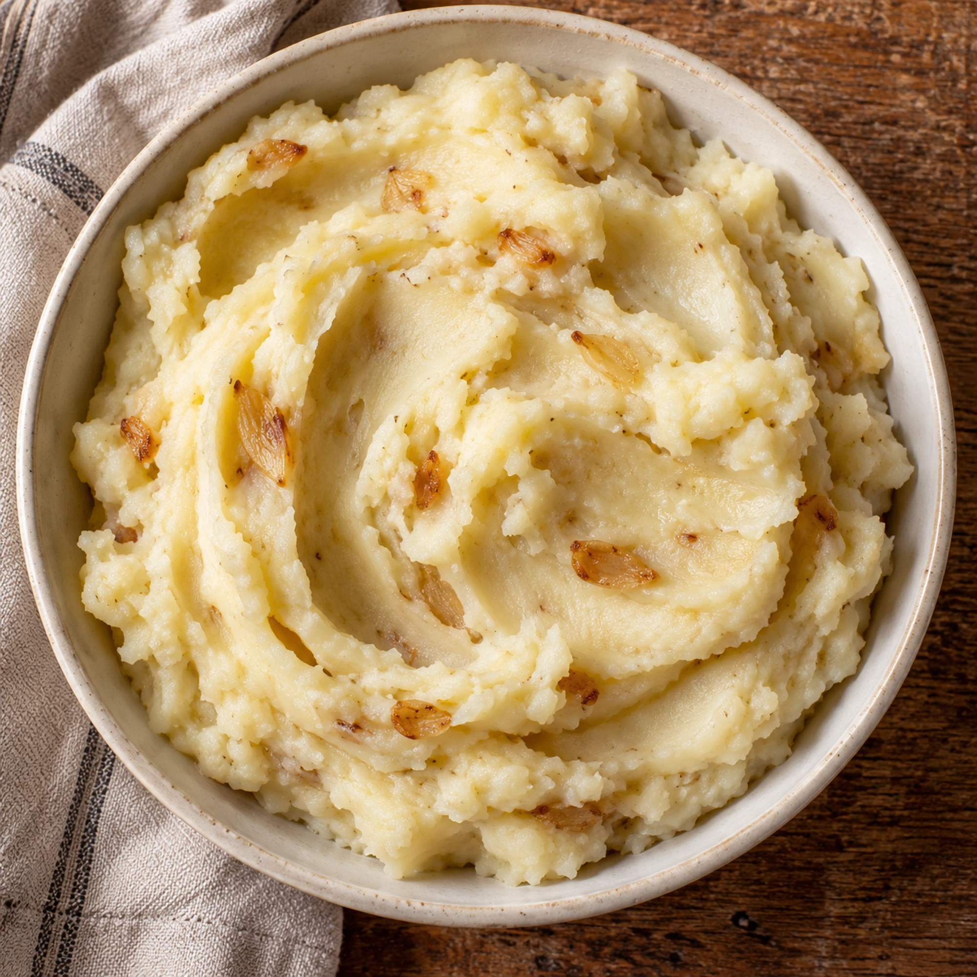 Roasted garlic mashed potatoes with small golden garlic pieces on top