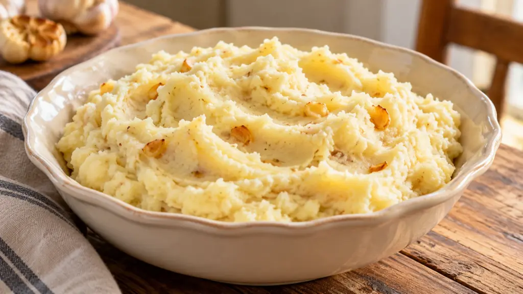 Roasted garlic mashed potatoes in soft folds in a serving bowl