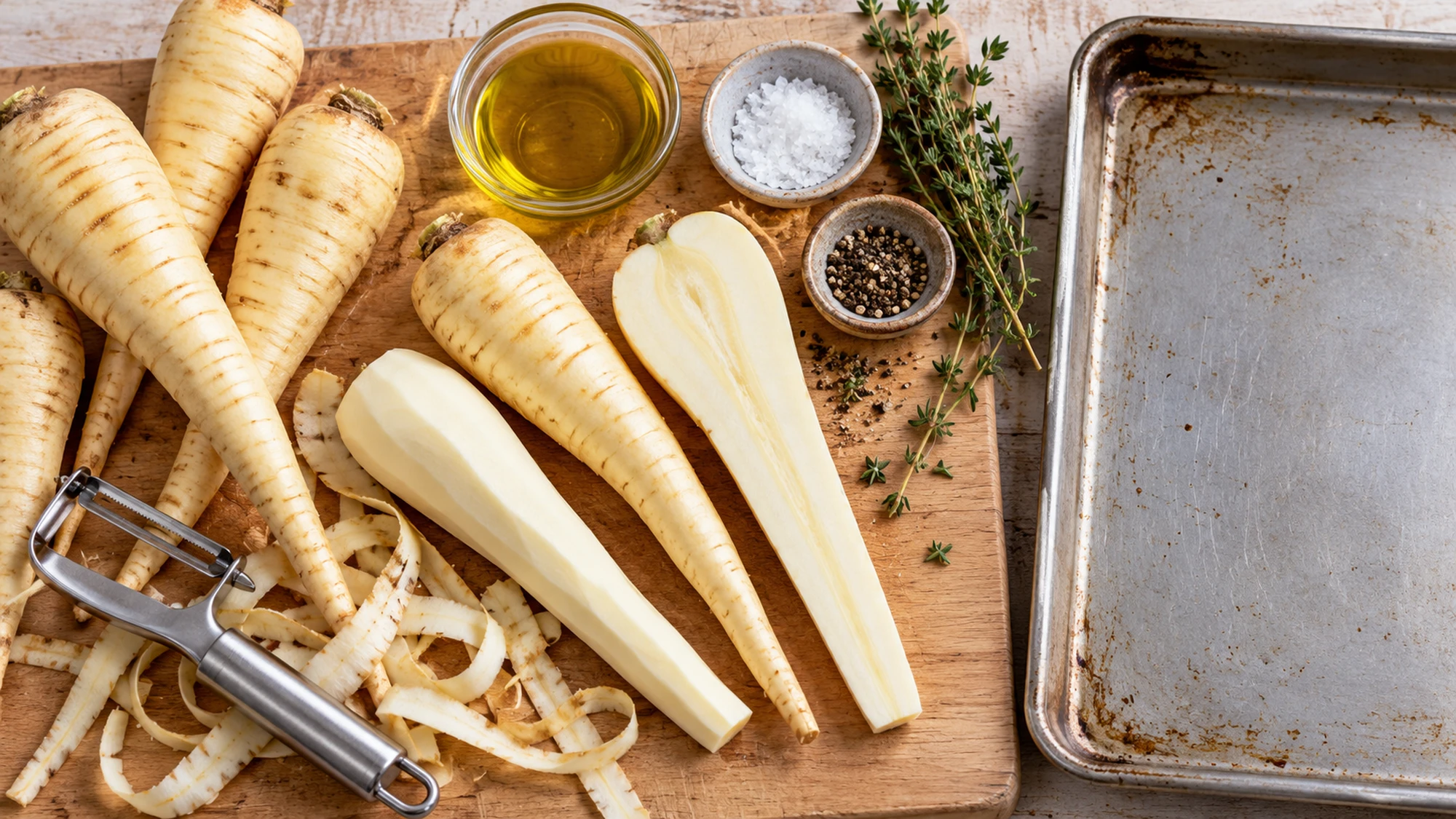 Fresh parsnips, olive oil, thyme, salt, and pepper before roasting for roasted parsnips