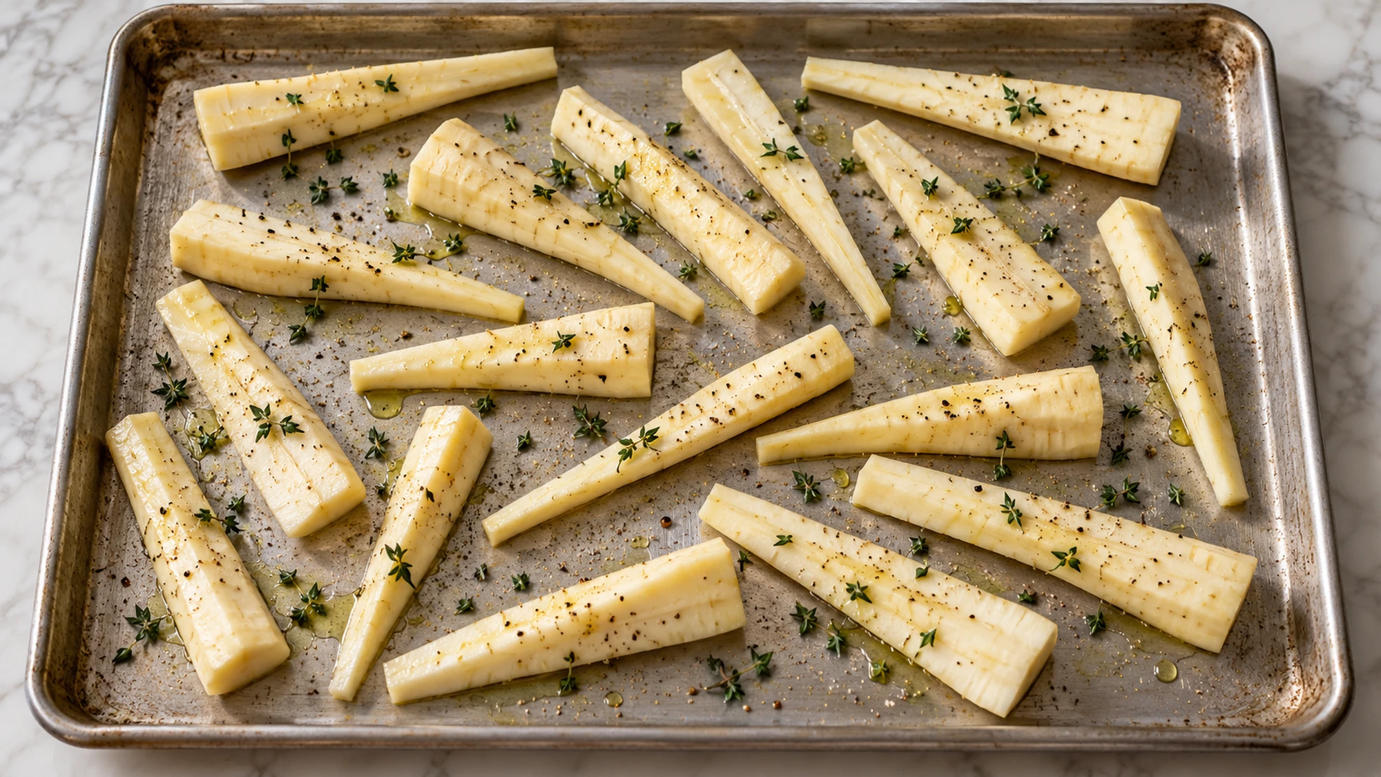 Parsnip batons spaced on a baking sheet before roasting for roasted parsnips