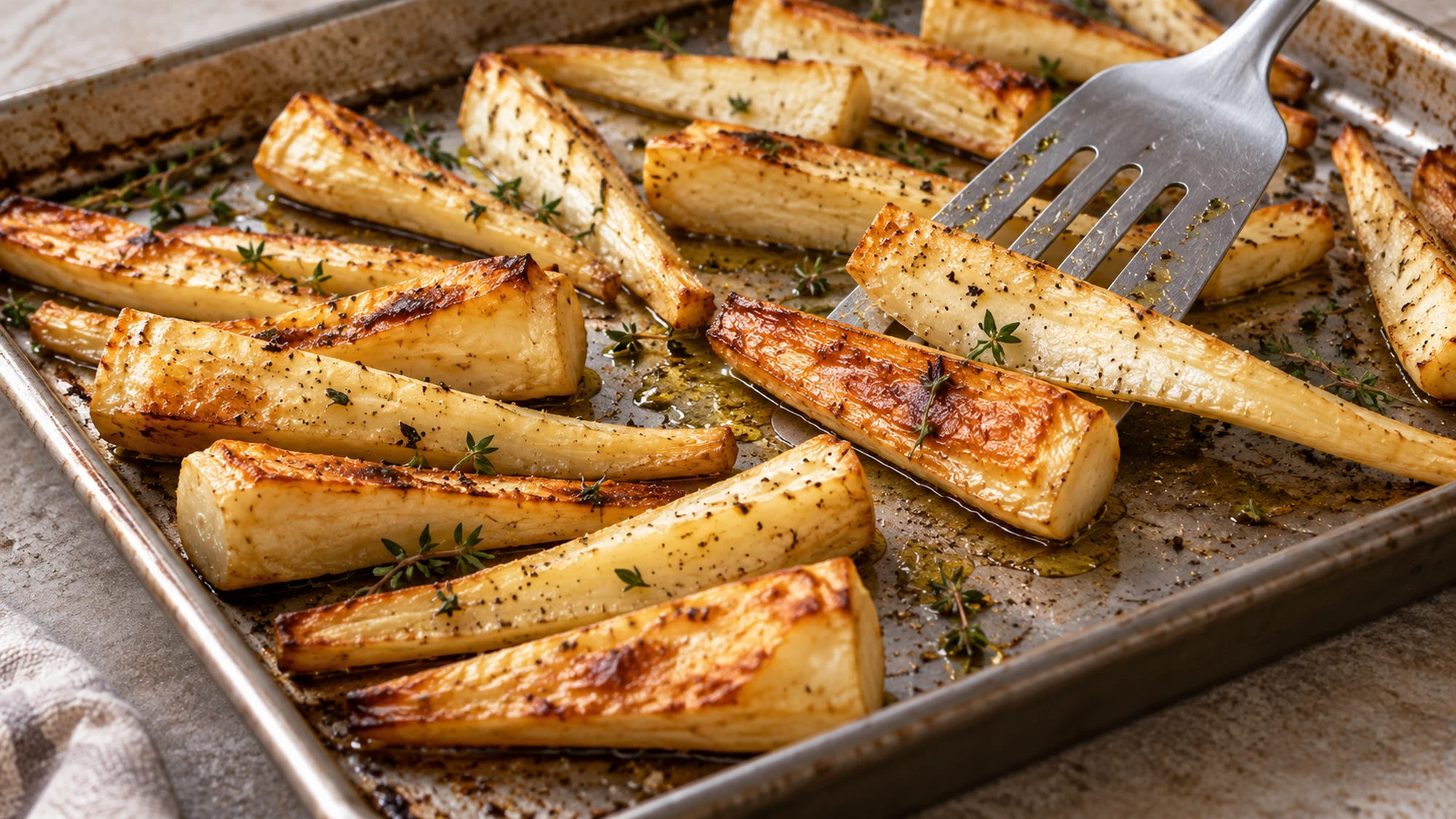 A spatula turning golden roasted parsnips on the baking sheet