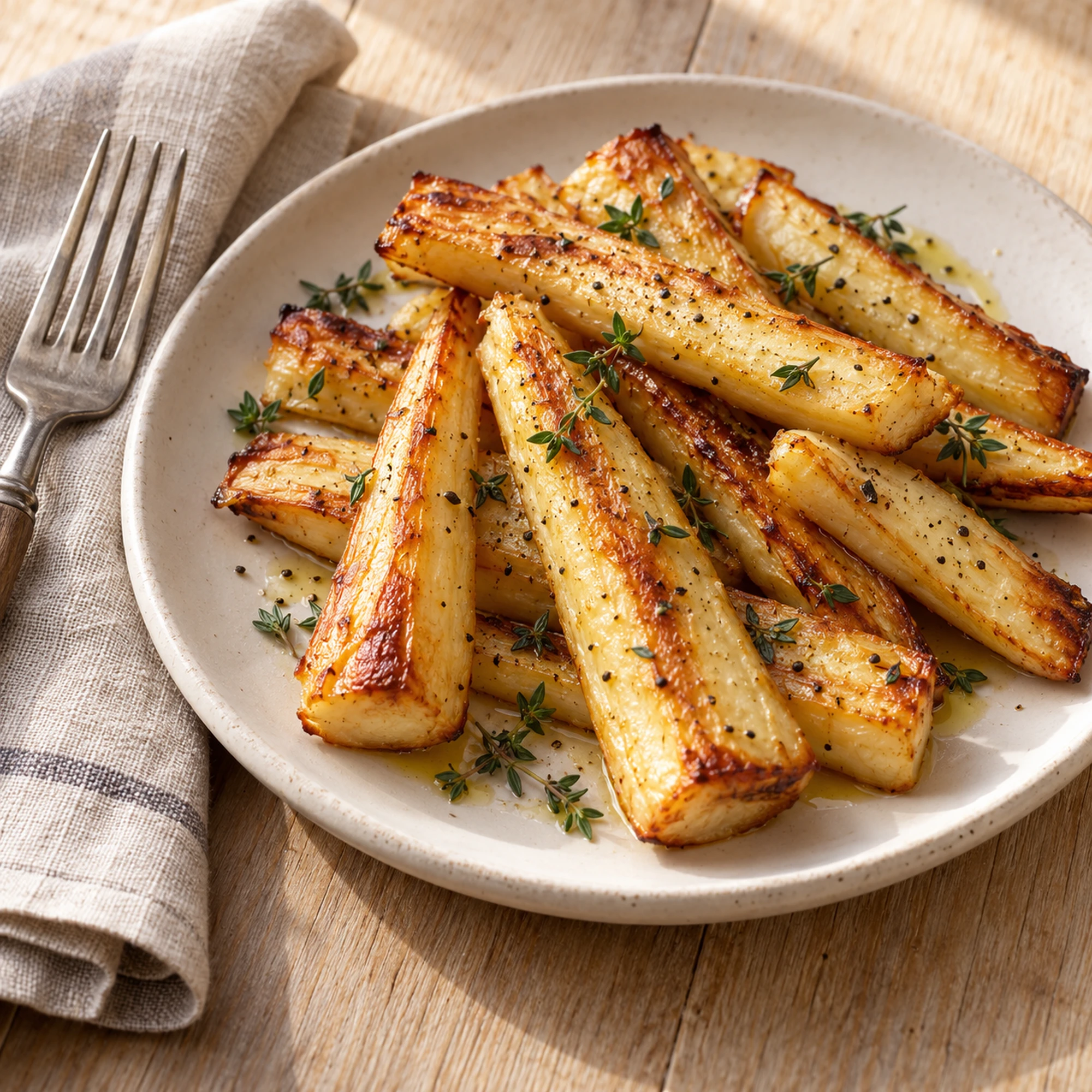 A serving of roasted parsnips with thyme and browned cut sides