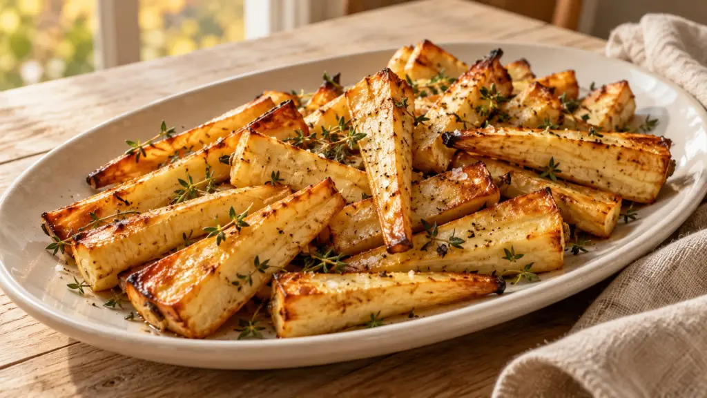 Roasted parsnips with golden edges and thyme on an ivory platter