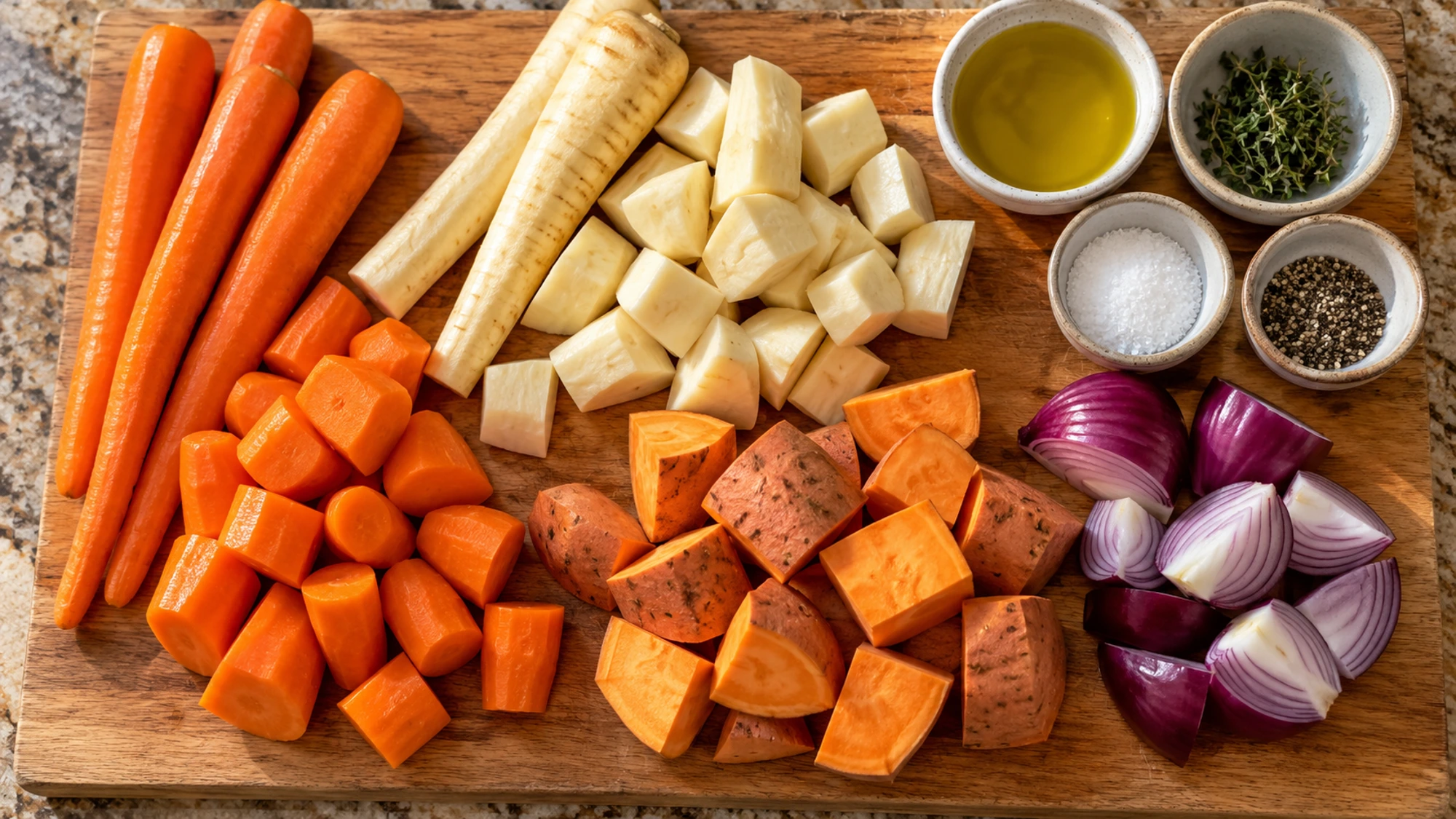 Ingredients for roasted root vegetables arranged on a cutting board