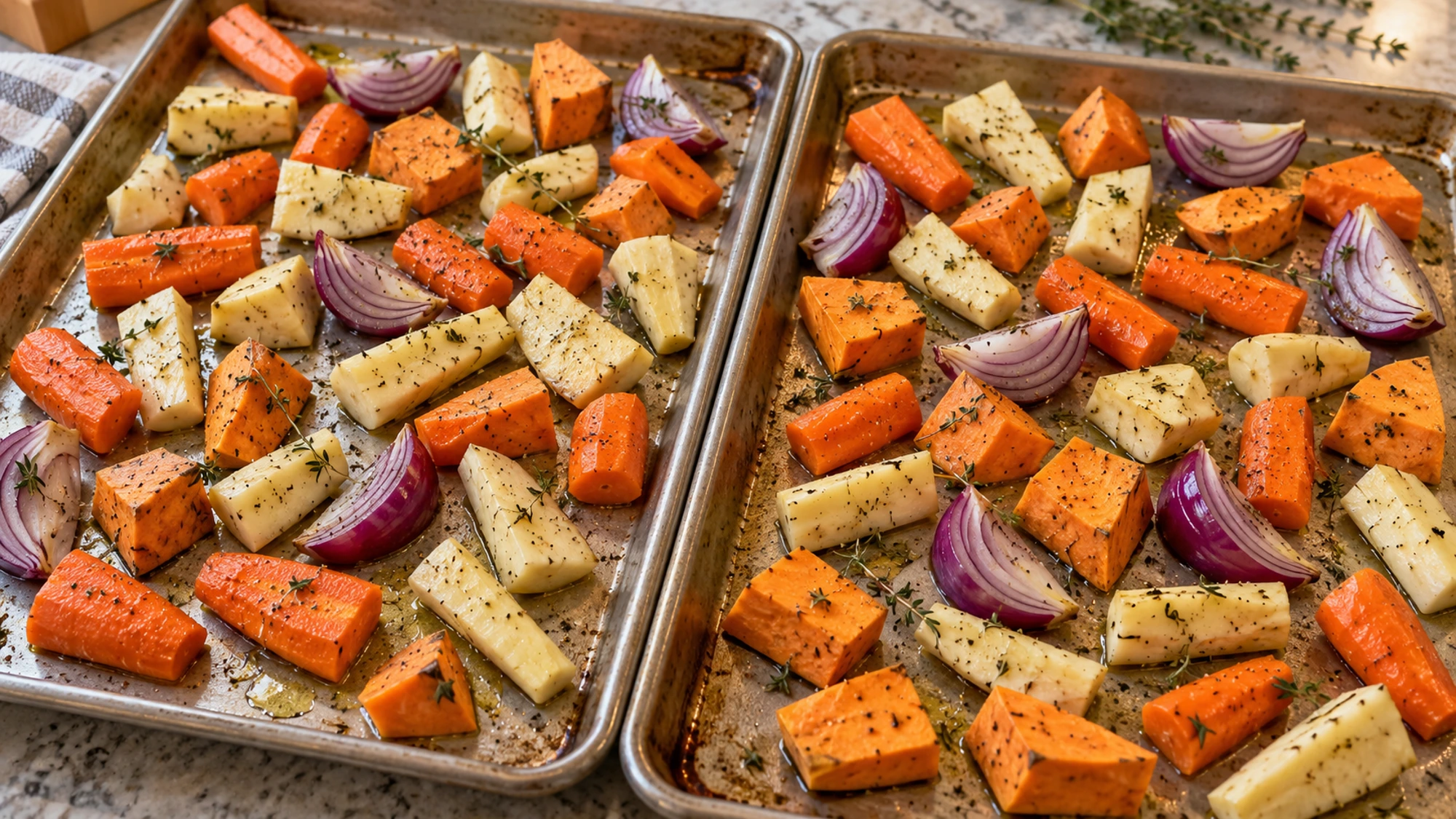 Roasted root vegetables spread across two baking sheets before cooking