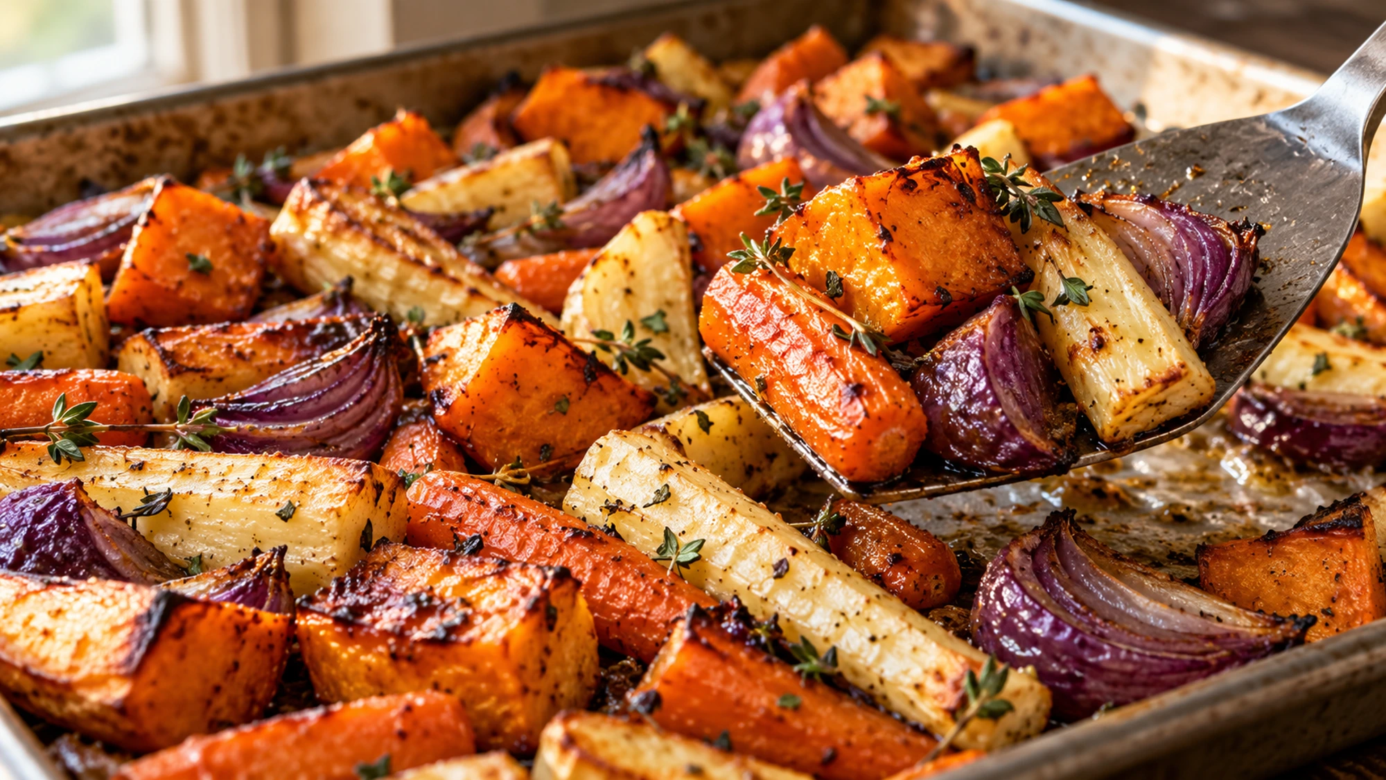 A spatula lifting browned roasted root vegetables from a baking sheet
