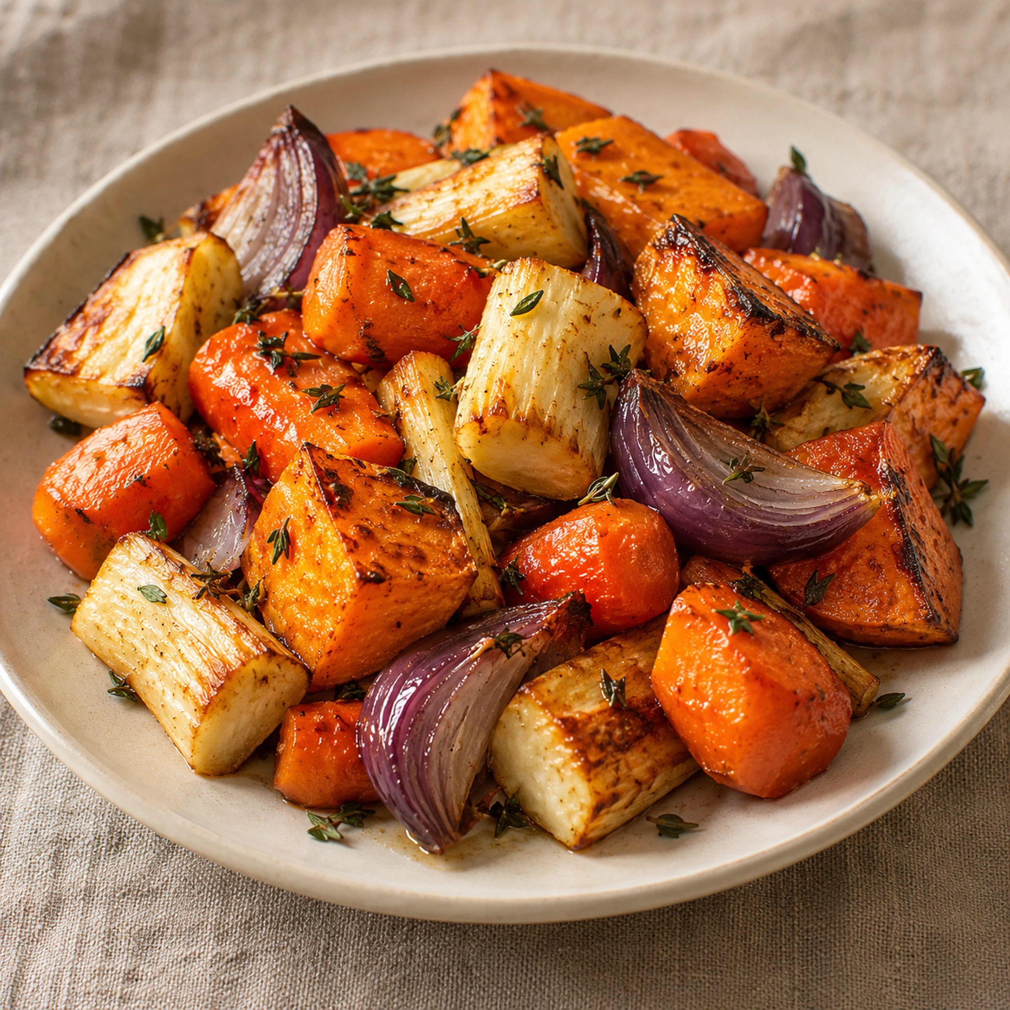 A serving of roasted root vegetables with thyme on an ivory plate