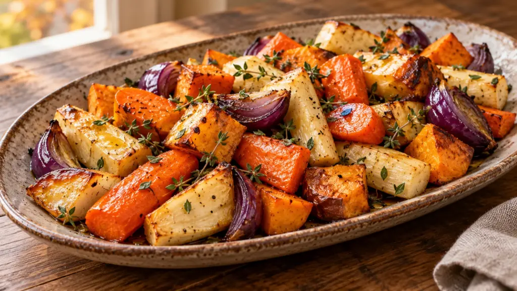 Roasted root vegetables with carrots, parsnips, sweet potatoes, and red onion