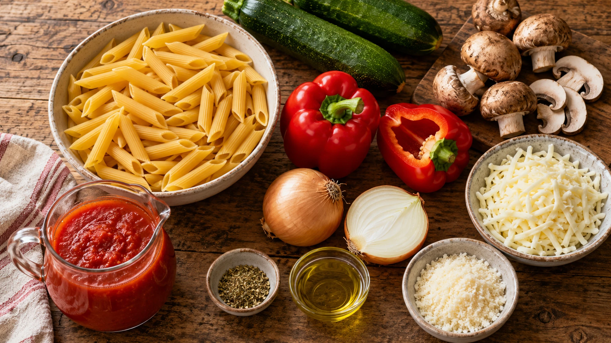 Roasted vegetable baked pasta ingredients with zucchini peppers mushrooms and cheese