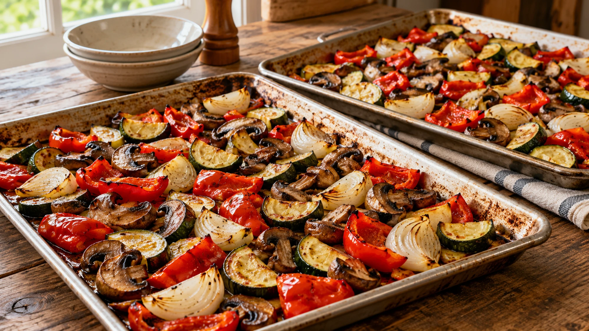 Two sheet pans of browned vegetables for roasted vegetable baked pasta