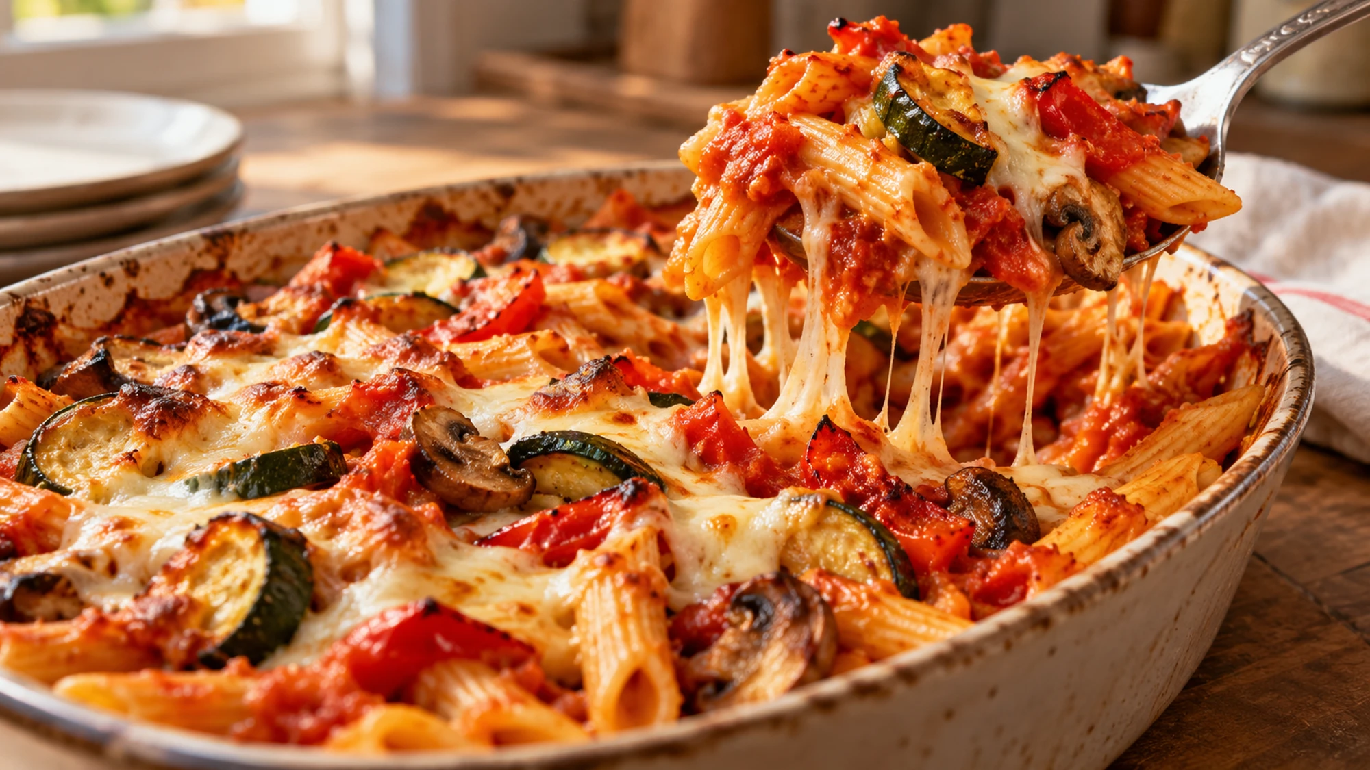 Spoonful of roasted vegetable baked pasta with tomato sauce and melted cheese