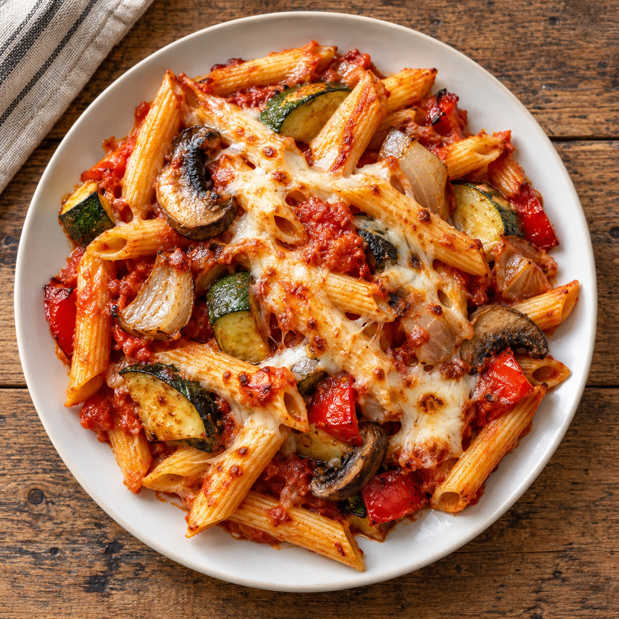 Roasted vegetable baked pasta served on a white plate