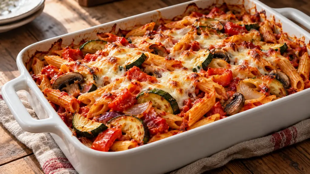 Roasted vegetable baked pasta with penne and golden mozzarella