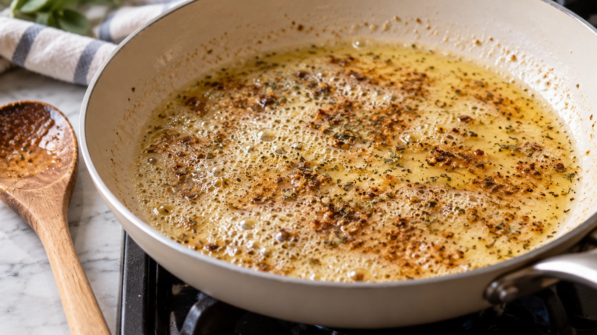 Golden butter and dried sage in a pan for sage butter gnocchi
