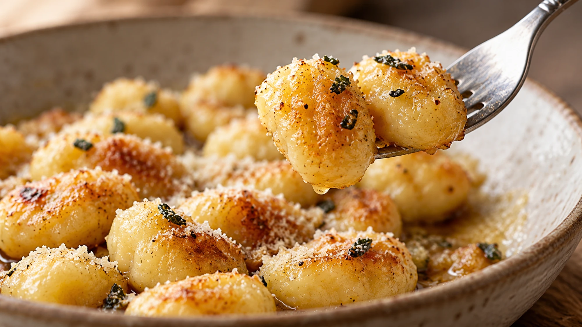 Fork lifting golden pieces of sage butter gnocchi