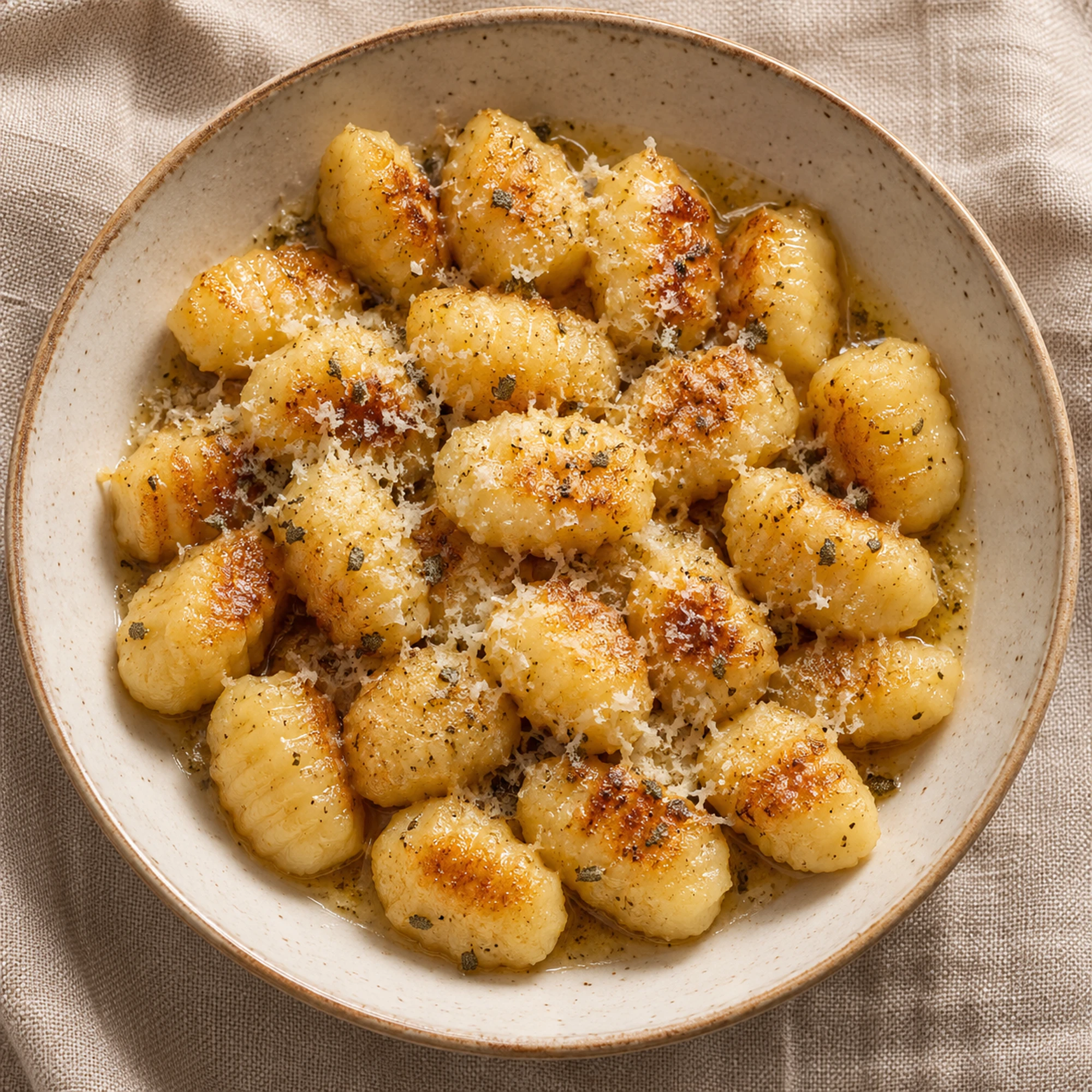 Overhead bowl of sage butter gnocchi with Parmesan