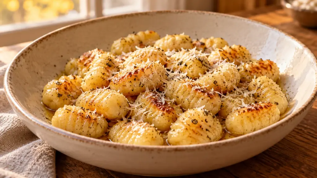 Sage butter gnocchi with golden edges and grated Parmesan