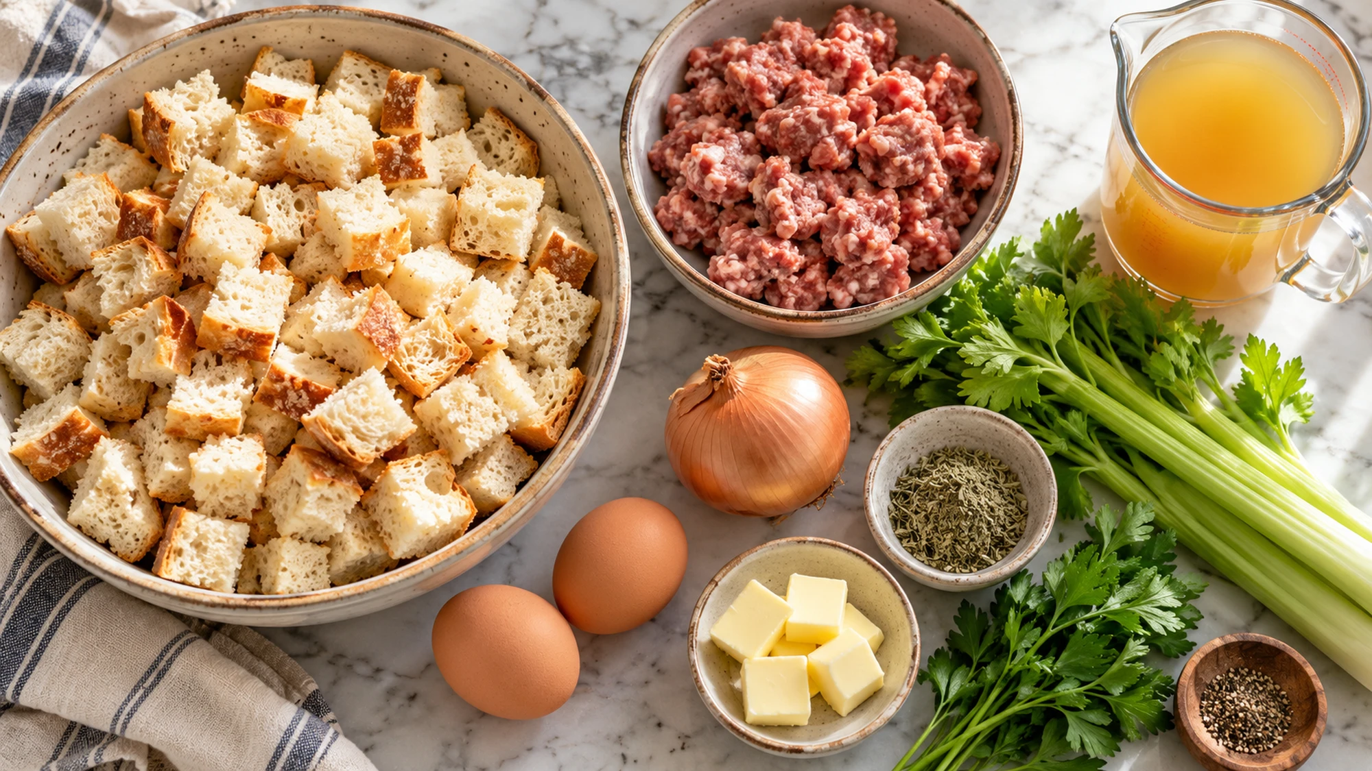 Ingredients for sage sausage stuffing with bread, pork sausage, celery, onion, eggs, and broth