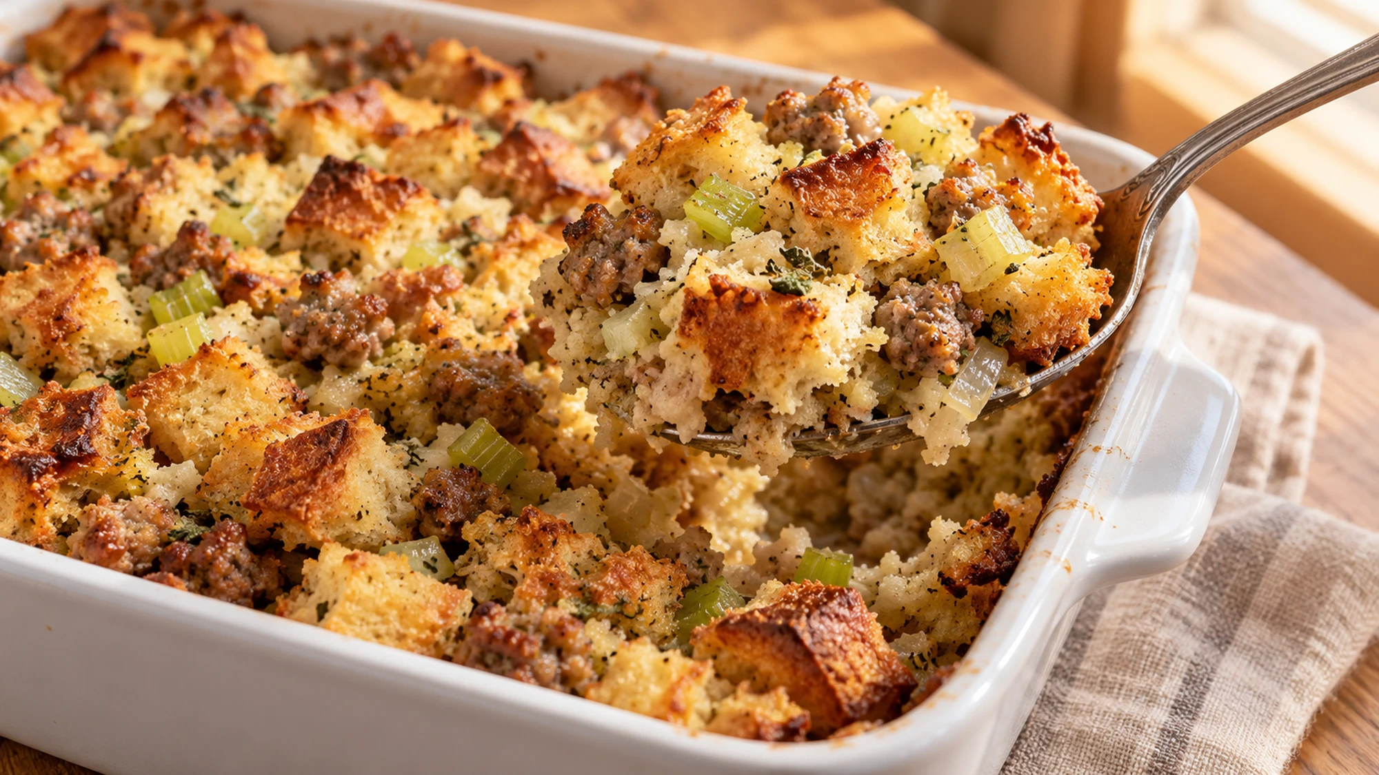 A spoon lifting sage sausage stuffing with crisp edges and tender bread