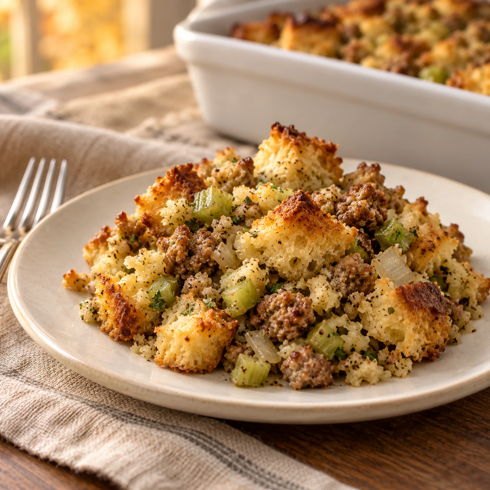 A side serving of sage sausage stuffing on an ivory plate
