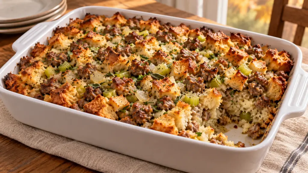 Sage sausage stuffing with crisp bread cubes in a separate baking dish
