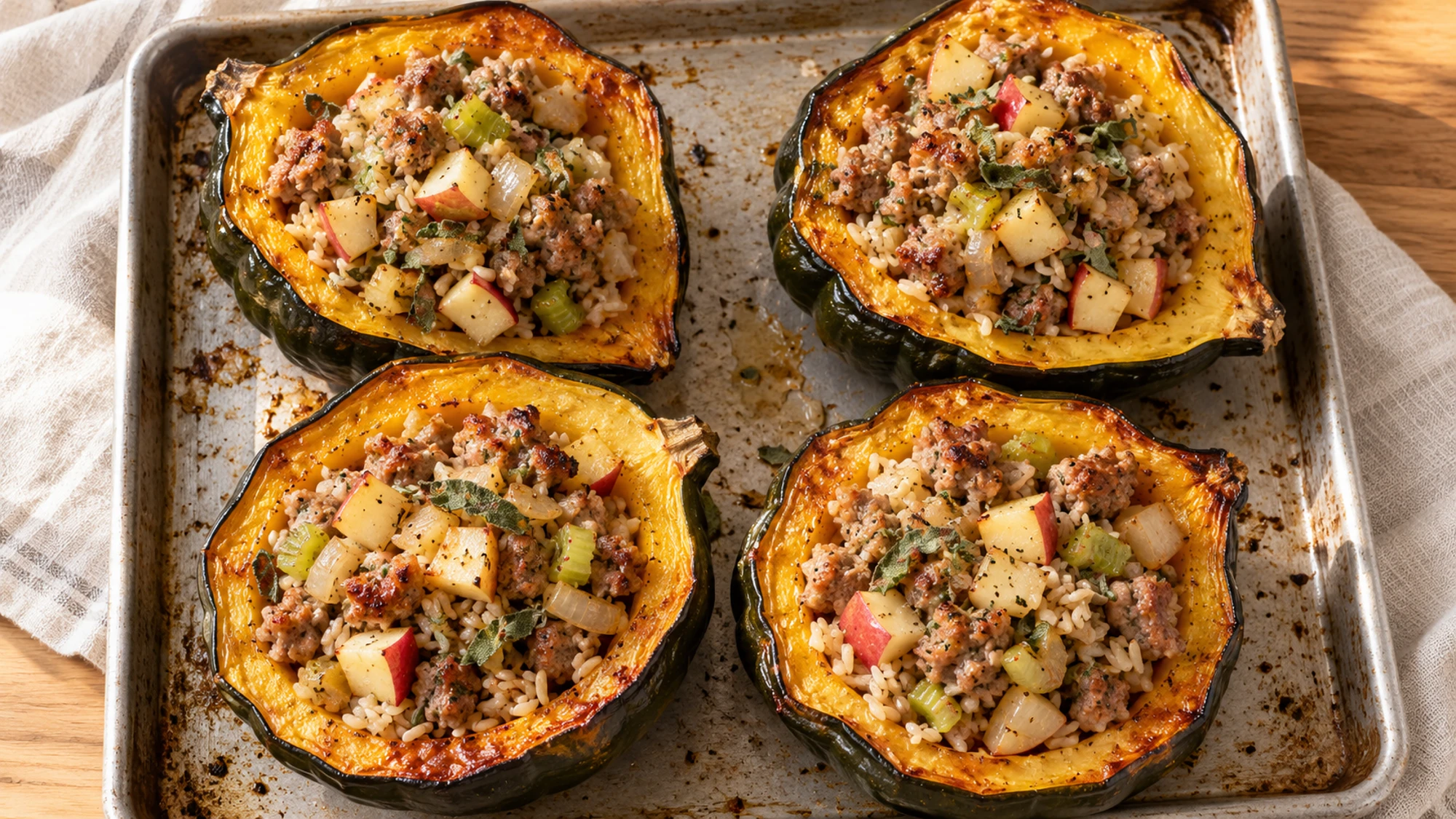 Roasted acorn squash halves ready for sausage stuffed acorn squash filling