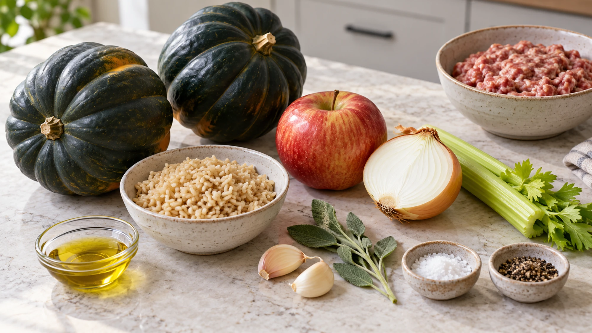 Ingredients for sausage stuffed acorn squash with rice, apple, celery, sage, and raw sausage separated
