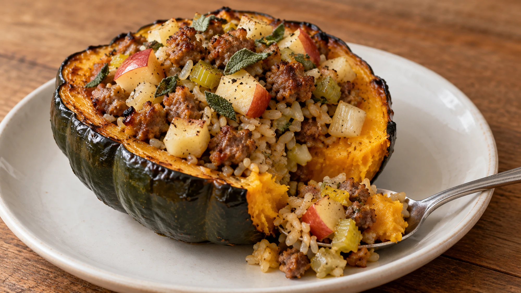 Sausage stuffed acorn squash with a spoon revealing tender squash and rice filling