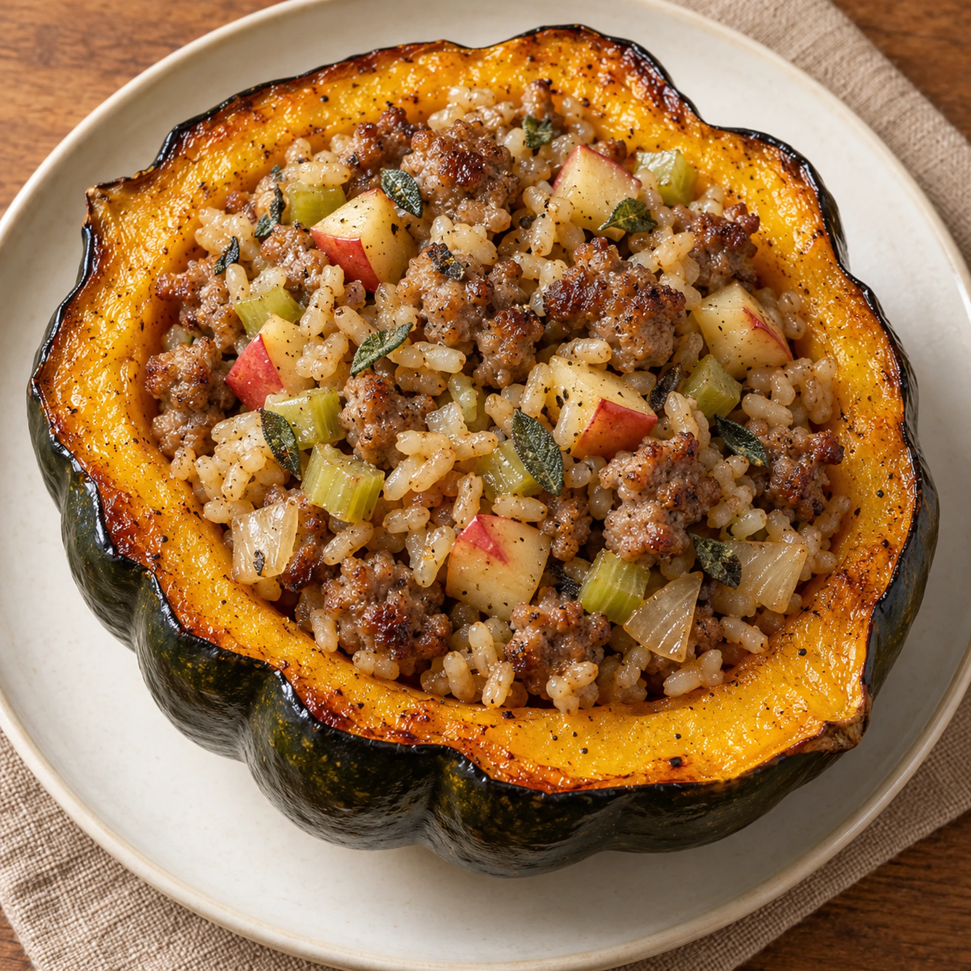 Square view of sausage stuffed acorn squash with apple and brown rice