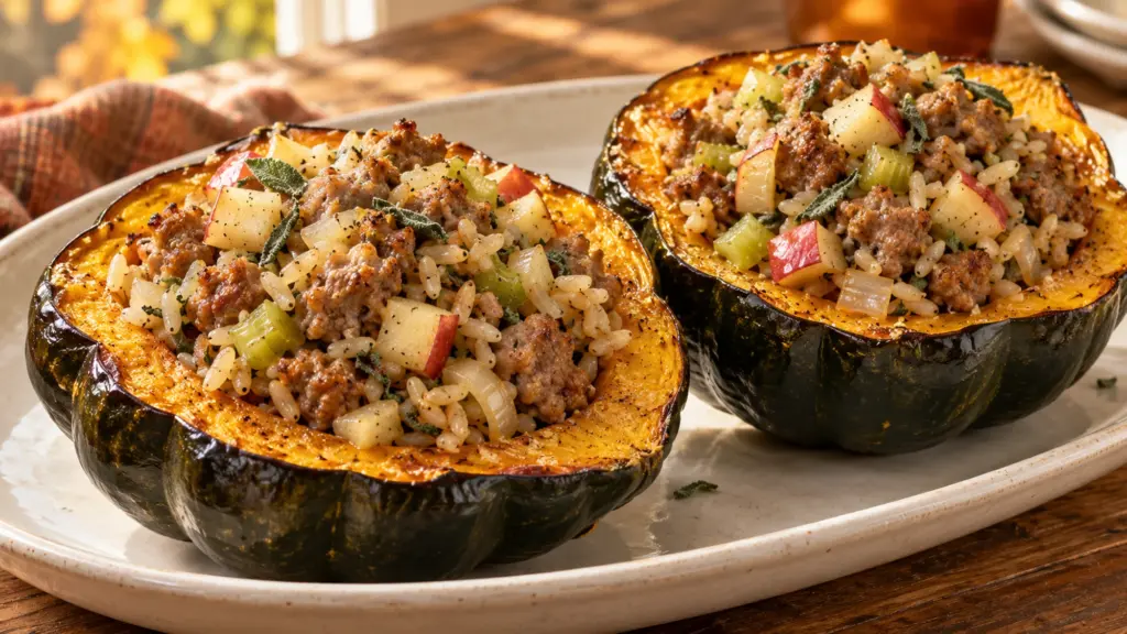 Sausage stuffed acorn squash with brown rice, apple, and sage on a serving plate