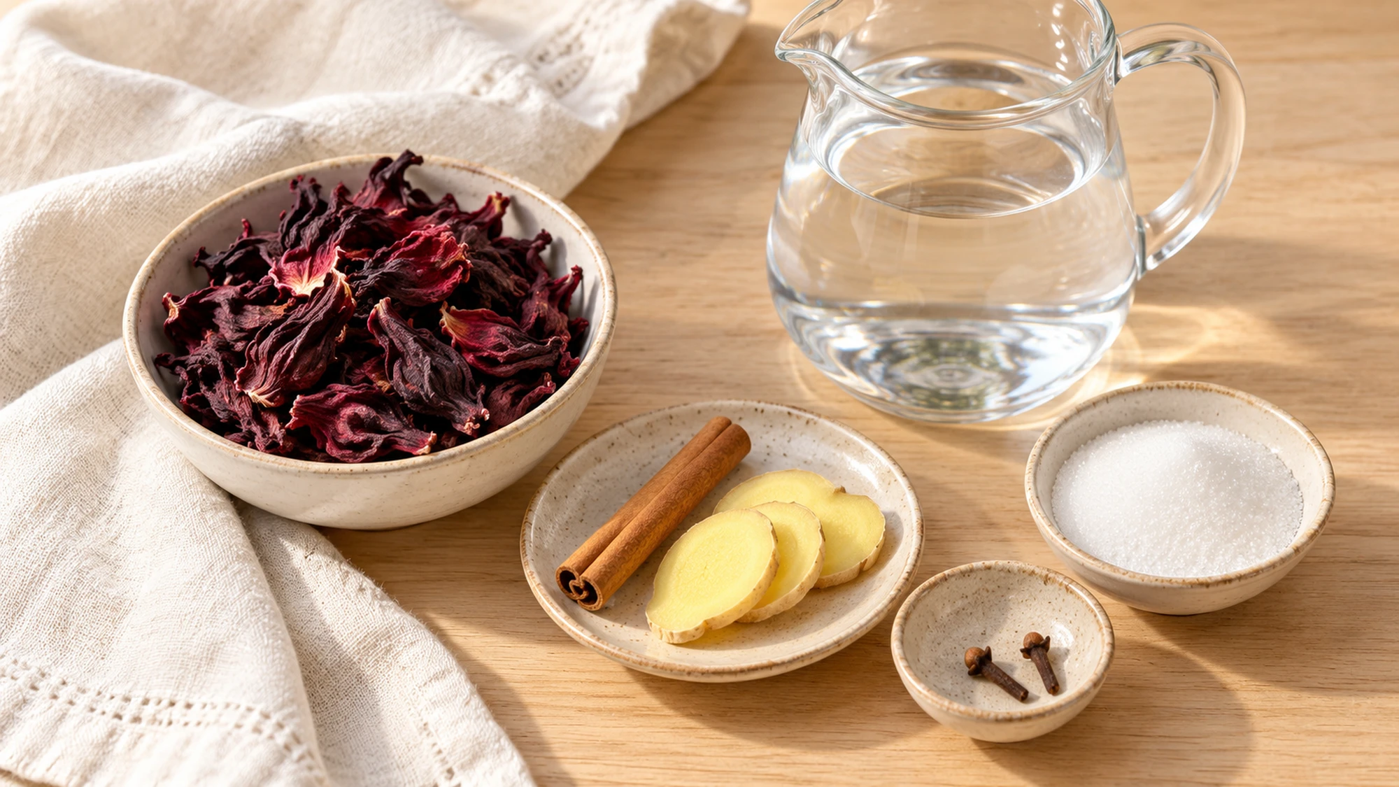 Culinary ingredients for spiced hibiscus tea including cinnamon and ginger