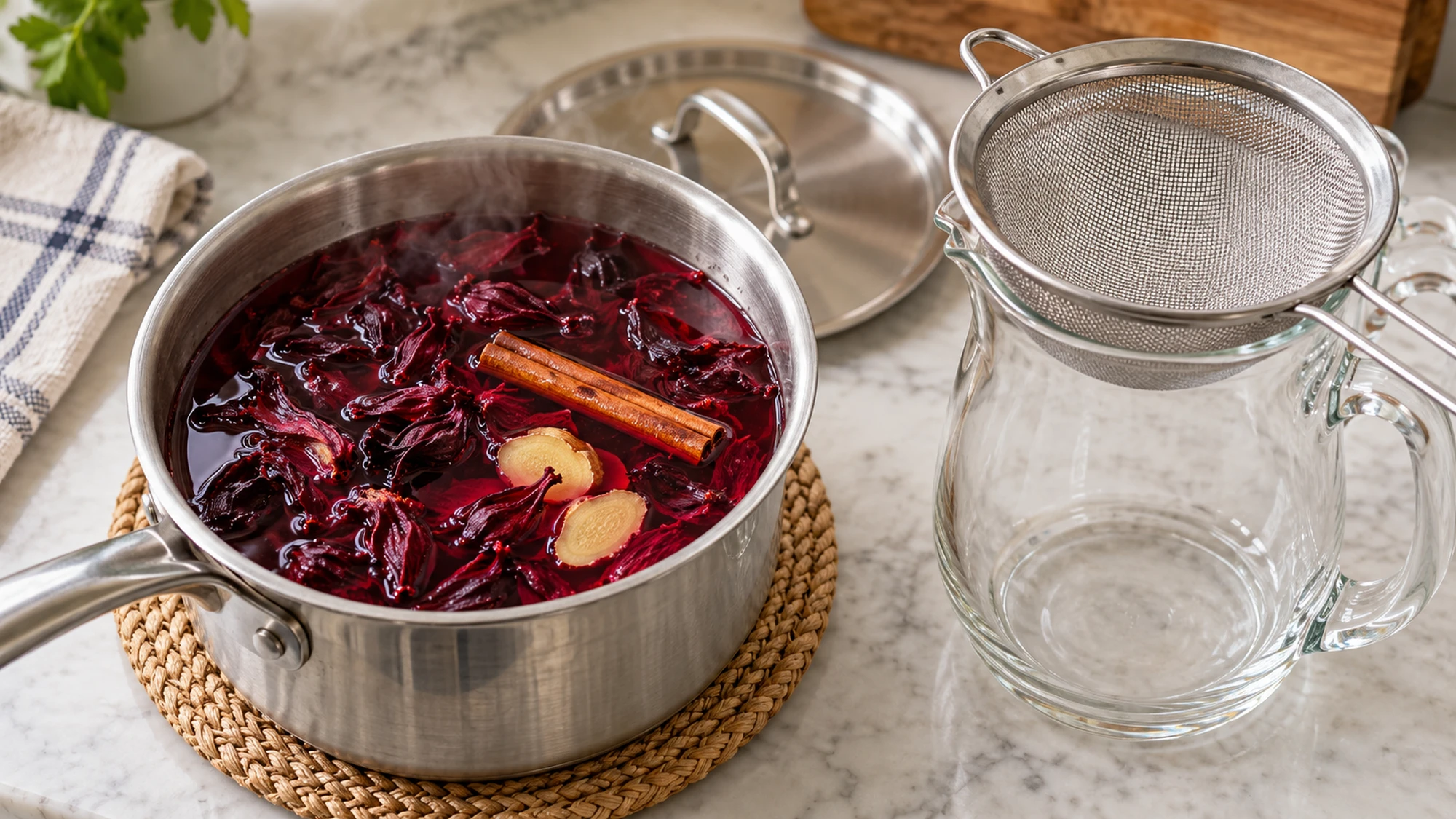 Spiced hibiscus tea steeping beside a fine-mesh strainer