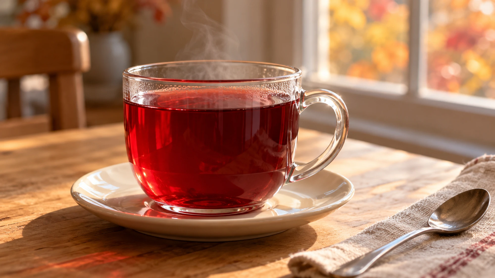 Warm spiced hibiscus tea in a clear handled mug on a saucer