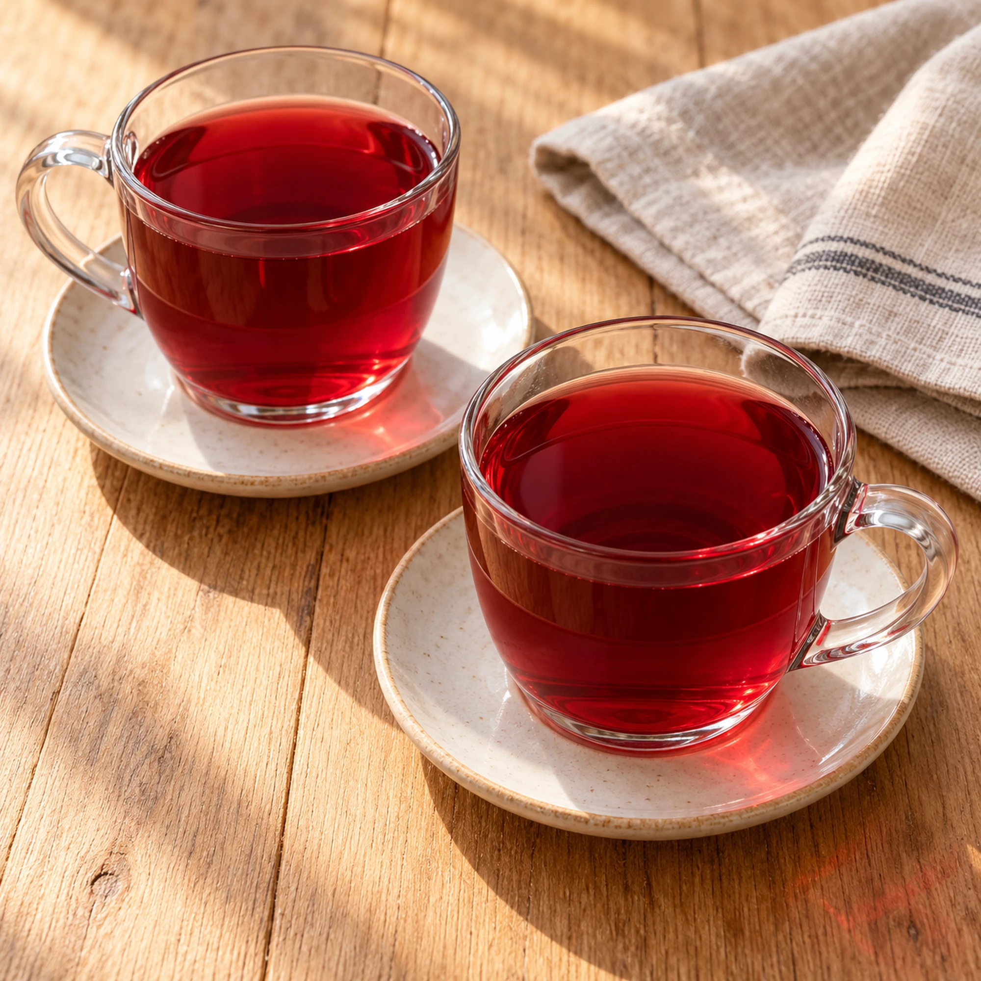 Spiced hibiscus tea served in two mugs viewed from above