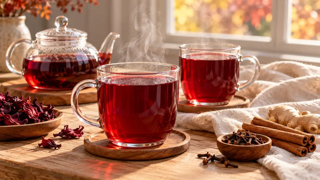 Two clear mugs of spiced hibiscus tea with warm ruby color