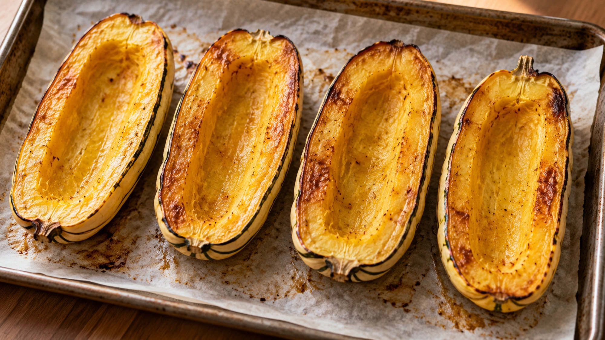 Roasted halves ready for stuffed delicata squash on a rimmed sheet pan
