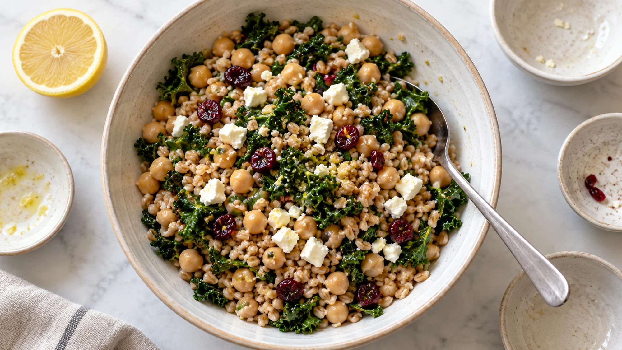 Farro and chickpea filling for stuffed delicata squash with kale and feta