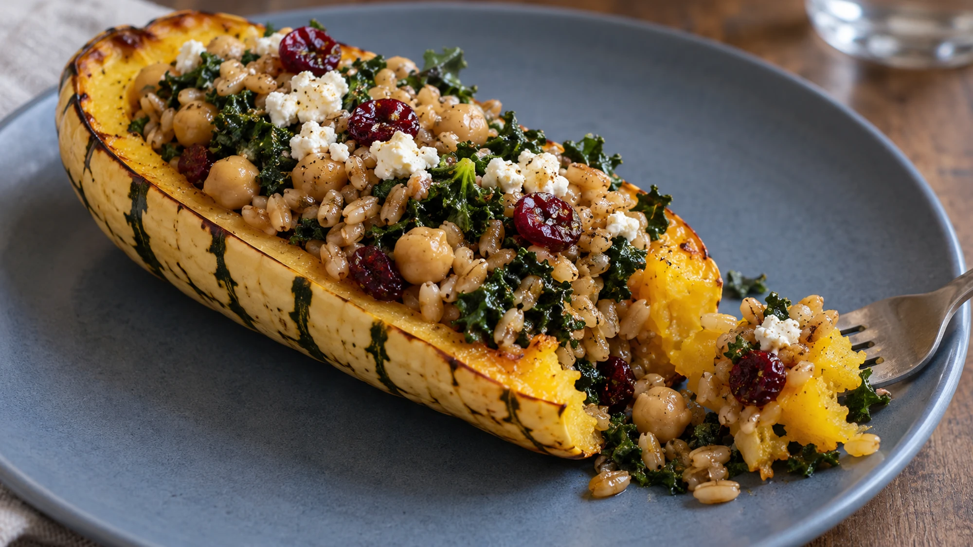 Forkful showing tender flesh and filling of stuffed delicata squash