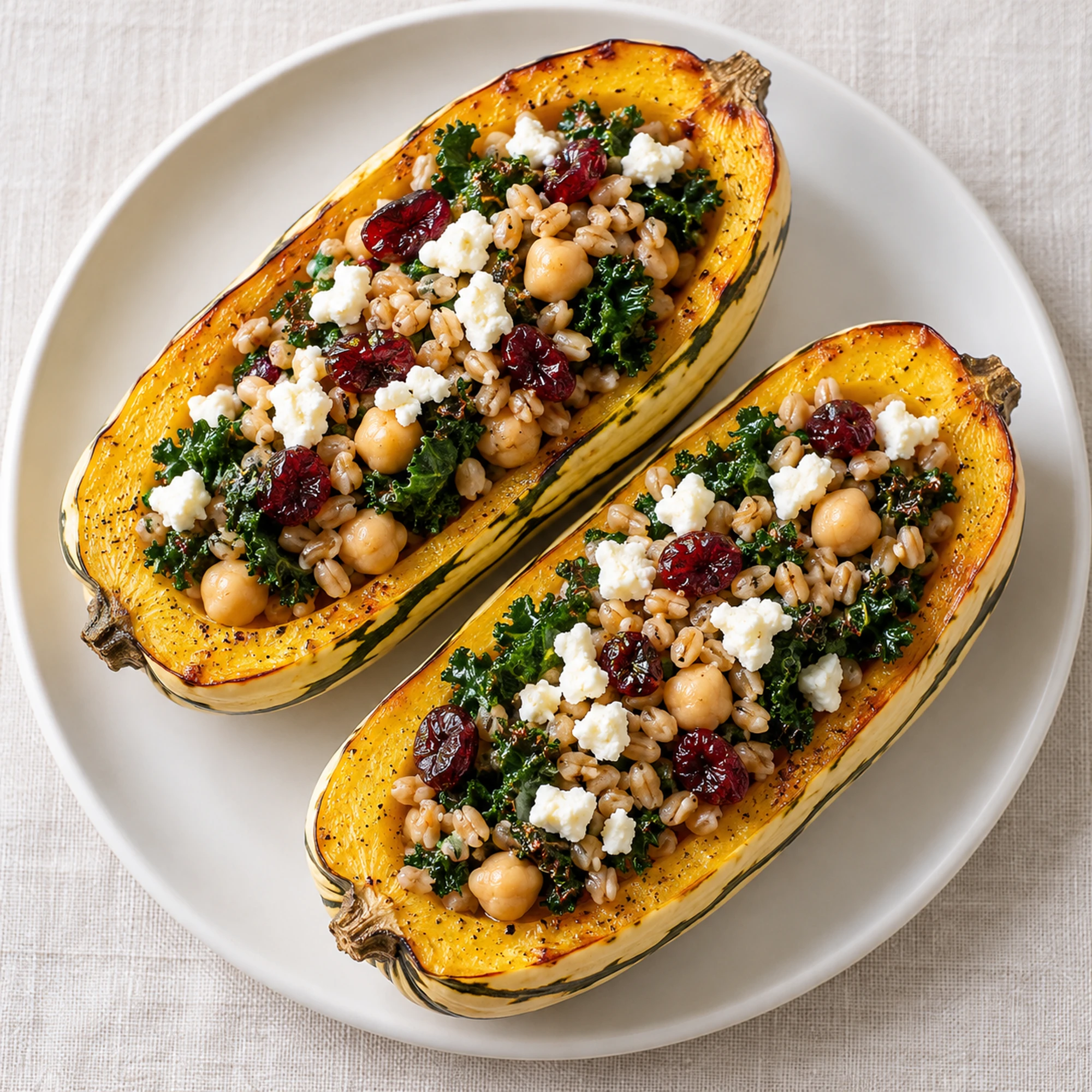 Two stuffed delicata squash halves with farro and feta on a white plate