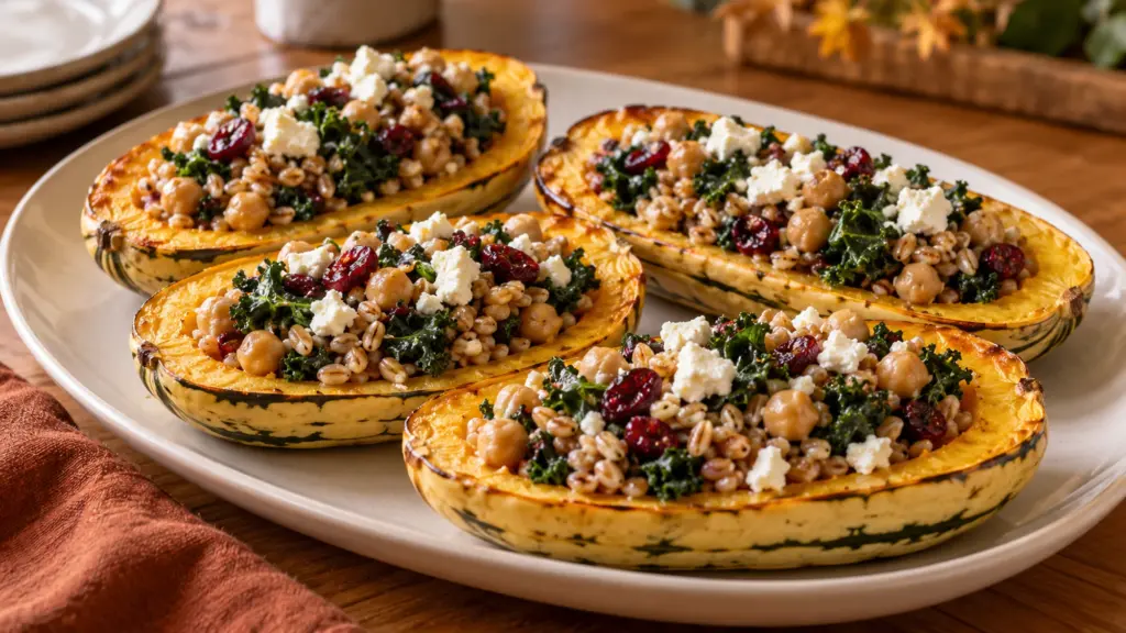 Stuffed delicata squash with farro, chickpeas, kale, cranberries, and feta